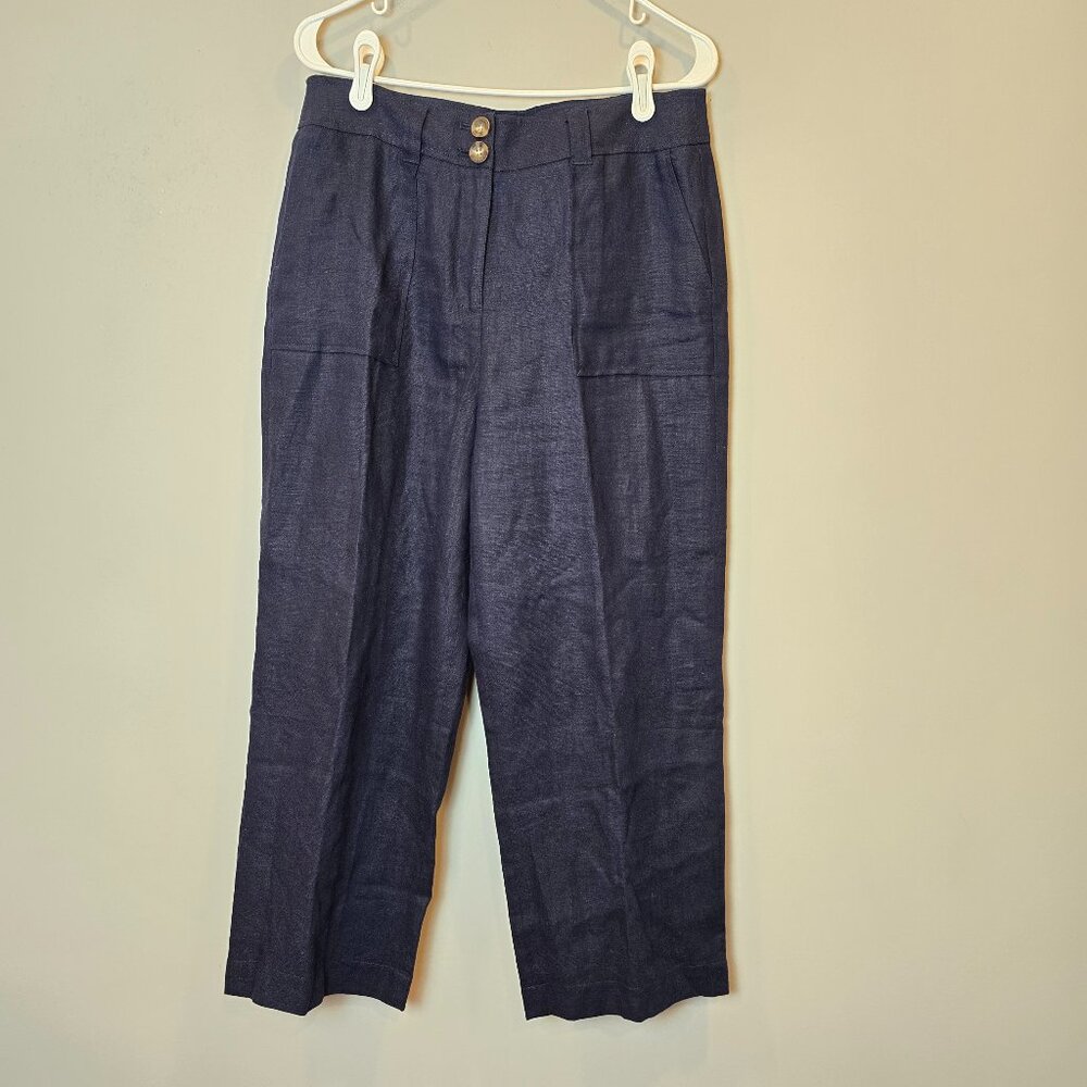 Boden Linen Pant Womens 8 Patch Pocket Wide Leg Dress Pants Blue High Waist